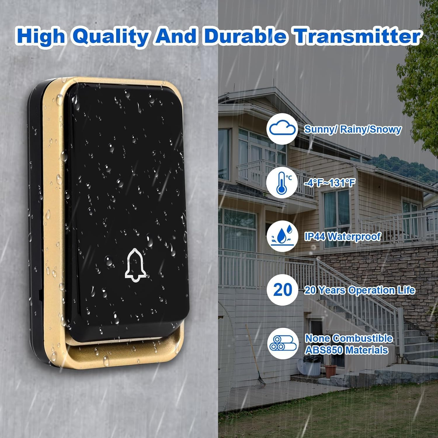 【No Battery Required】 Waterproof Wireless Doorbell, AURTEC Door Chime Kit with 2 Press Self-Powered Transmitter & 1 Plug-In Receivers, 51 Chimes and 4 Volume Levels, Black