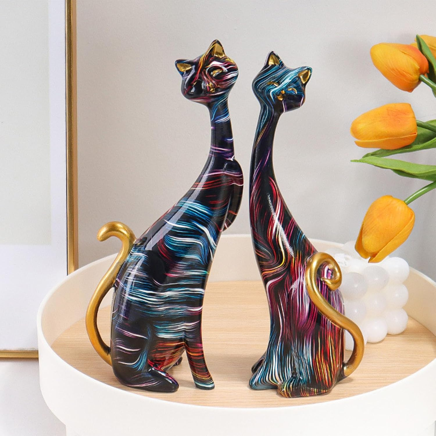Cat Statues Home Decor | Abstract Resin Cat Figurines | Colorful Cat Statue, Oil Painting Cat Couple Sculptures Set, Modern Resin Figurines for Home Decor Living Room Bathroom Buniq image number 5