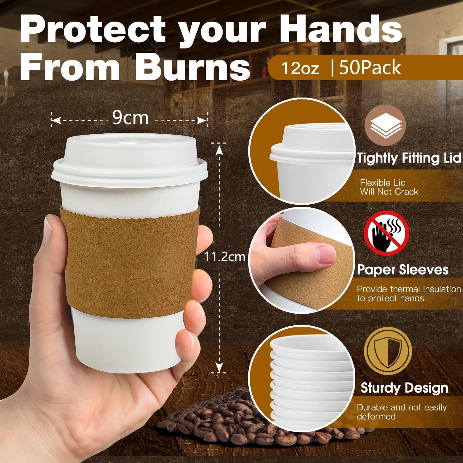 50 Pack 12 Oz Disposable Coffee Cups with Lids and Sleeves Leak-Proof White Paper Cups, Insulated to Go Hot Beverage Cups, White image number 3