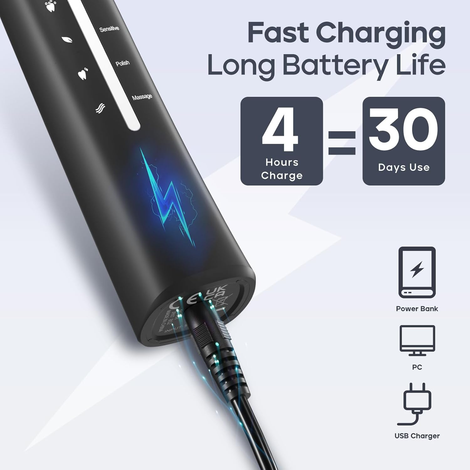 Seago Electric Toothbrush, Rechargeable Power Toothbrush with 8 Brush Heads, 5 Cleaning Modes with Teeth Whitening, 30 Days Battery Life - Ideal for Adults Kids, 40,000 Vpm, Sg-958 Black image number 3