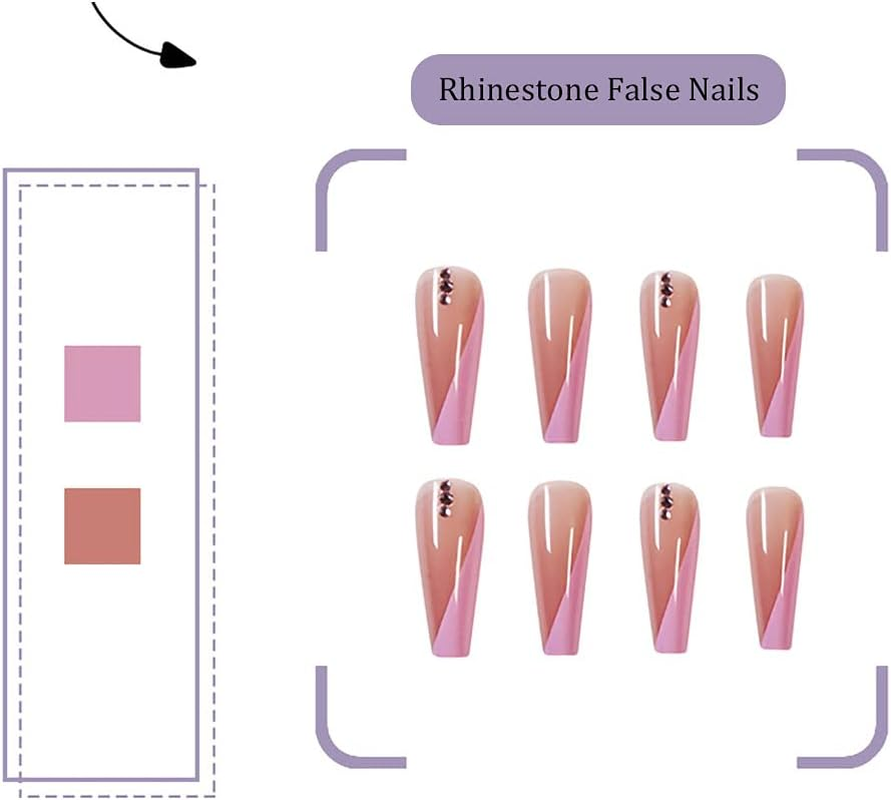 Rhinestone Press on Nails 24PCS Extra Long Pink Ballerina False Nails Full Cover Artificial Nails Tips for Women and Teen Girls image number 3