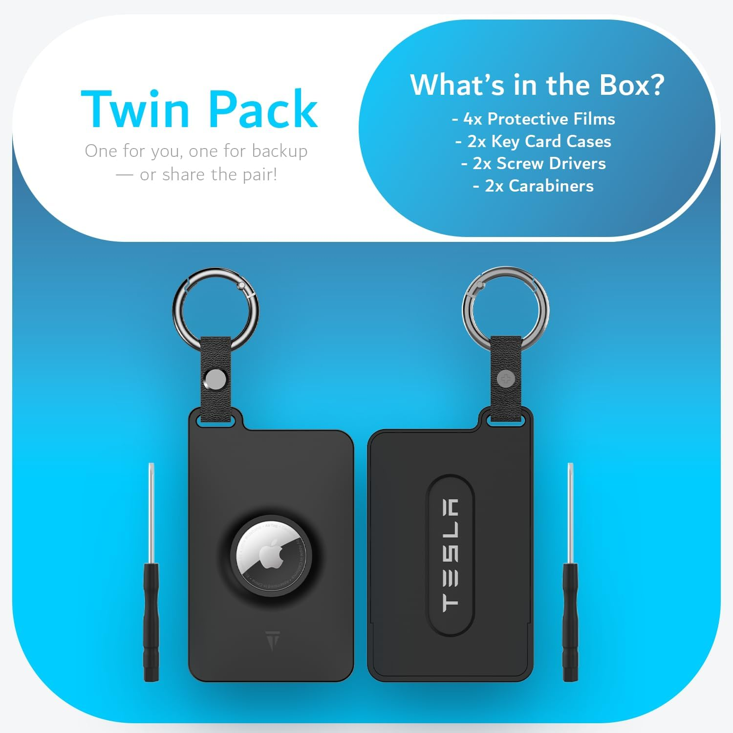 TUDIA Card Holder Case Designed for Tesla Key Card with Airtag Slot - [2 Pack] Keycard Cover for Model 3 Y S X Cybertruck with Carabiner & Scratch-Resistant Protective Card Film (Black) image number 5