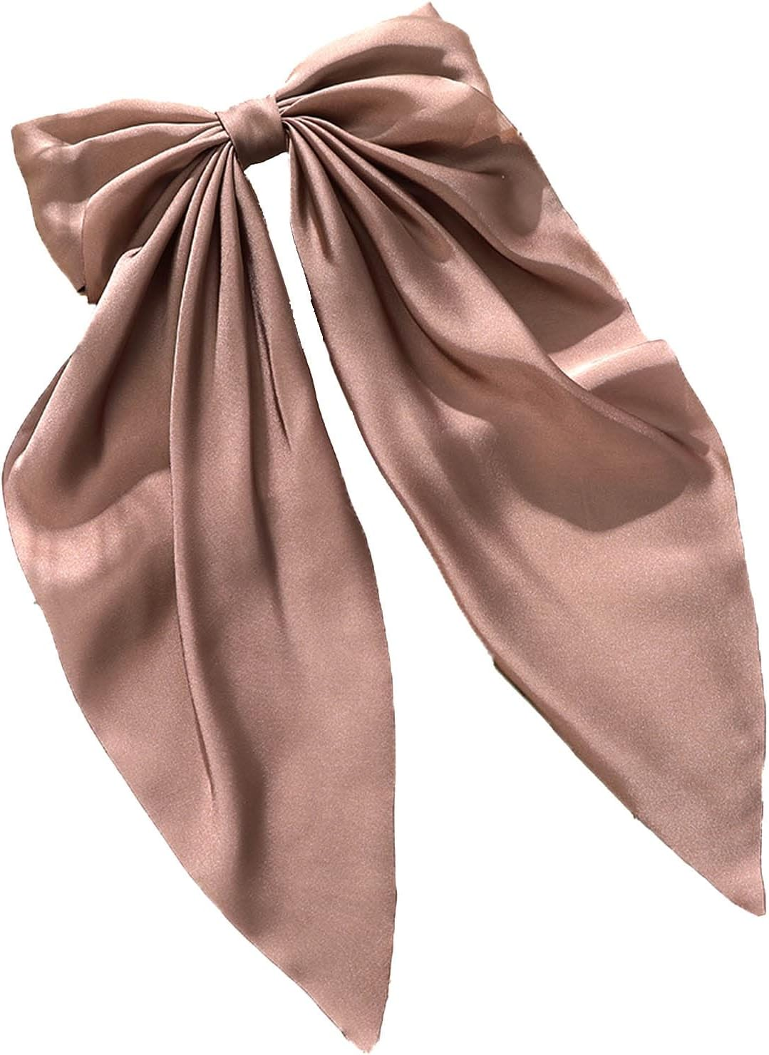 LERTREEUK Large Bow French Style Plain Knotted Hair Clips with Long Ribbon for Women and Girls (Champagne+Brown) 2 Pieces image number 2