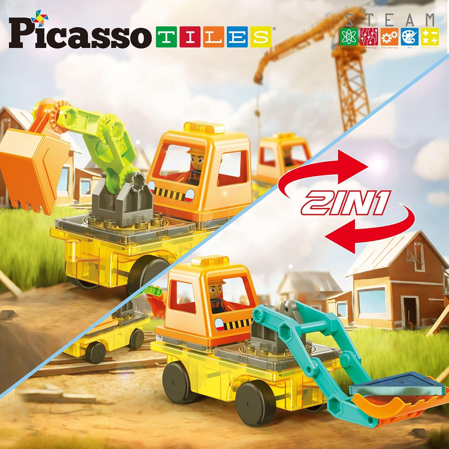 Picassotiles Magnet Tiles Building Block 2-In-1 Excavator & Backhoe Brick Compatible Construction Playset with Car Base Magnetic Character Action Figure STEM Educational Learning Toy Kit Age 3+ PTU04 image number 4