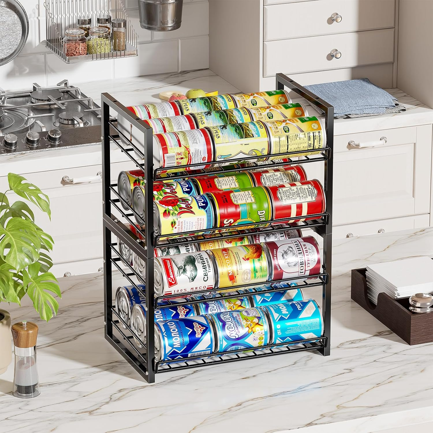 SUFAUY 4-Tier Stackable Rack Organizer for Pantry, Can Storage Holder for Various Ounces of Canned Food Soda Drinks, Can Dispenser Holds up to 50 Cans for Cupboard Cabinet, Black