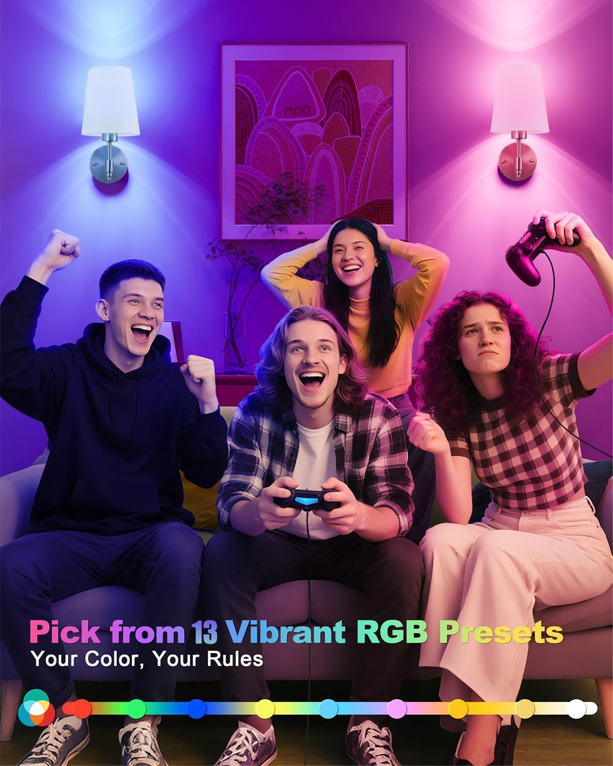 Battery Operated Wall Sconces Set of 2, Rechargeable Wall Lights with 6000Mah Dimmable RGB Bulbs and Remote, 13 Colors Wireless Wall Lamps for Bedroom Living Room Hallway, Gold image number 4