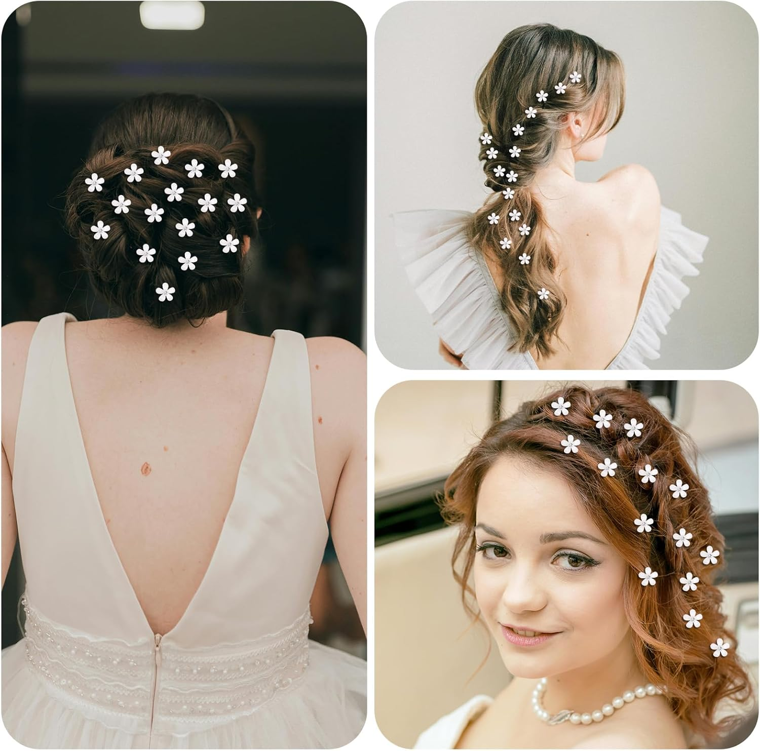 KIUEZIR Pack of 20 Small White Flowers Hair Clips Set - Smooth Crystal Surface with Rhinestones Decoration & Metal Clips, Mini Grip Clips for Women Everyday/Party/Wedding Hairstyles image number 6