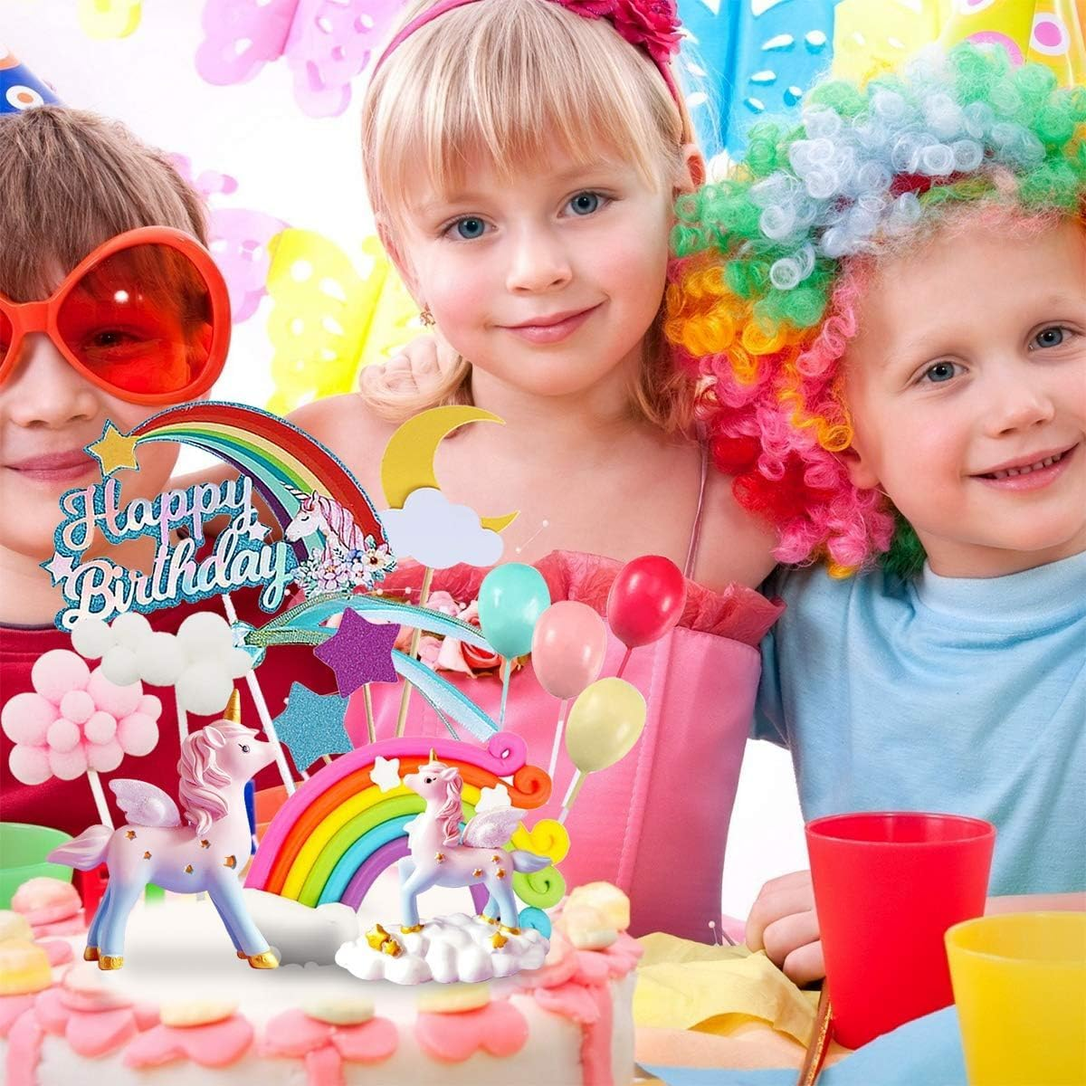 23Pcs Unicorn Cake Topper Kit, 2 Magic Unicorns Sculpture, 1 Rainbow, 1 Happy Birthday Banner, 2 Cloud, 4 Balloon, 12 Stars 1 Moon Happy Birthday Cake Decoration for Boy Girl Kid Women Birthday Party image number 3