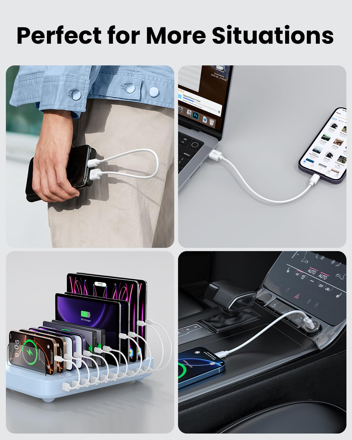 [30CM, 10-Pack] Multi Short USB Charging Cables, Fast Charge & Sync Type-C/Lightning/Micro Cords Bulk for Charging Station Compatible with Iphone16&15, Iphone5-14, Ipad, Ipod, Mobiles, Tablets, White image number 1