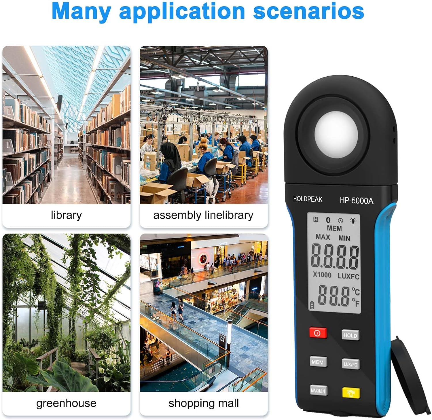 Digital Light Meter, 1-400000Lux Illuminance Meter with Large LCD Screen Handheld Ambient Temperature Measurer, Lumen Meter for Plants, Photography Lab, Classroom, Bedroom, 5000A, HOLDPEAK image number 6