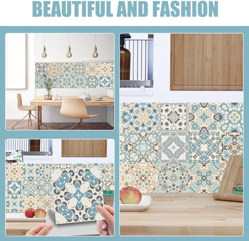 Bestonzon 24PCS Tile Stickers Stick Retro Style, 7.86Inch Wall Tiles Peel and Stick Adhesive Decals, Removable Decorative Tile Stickers Traditional DIY Murals Tile Stickers for Kitchen Bathroom image number 5