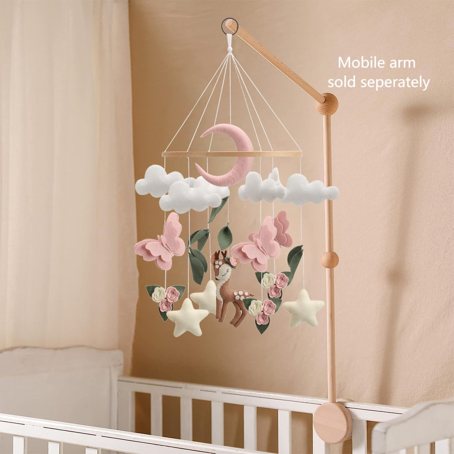 Deer Butterfly Baby Mobile for Crib, Woodland Crib Mobile for Bassinet, Pink Baby Girls Nursery Mobile image number 3