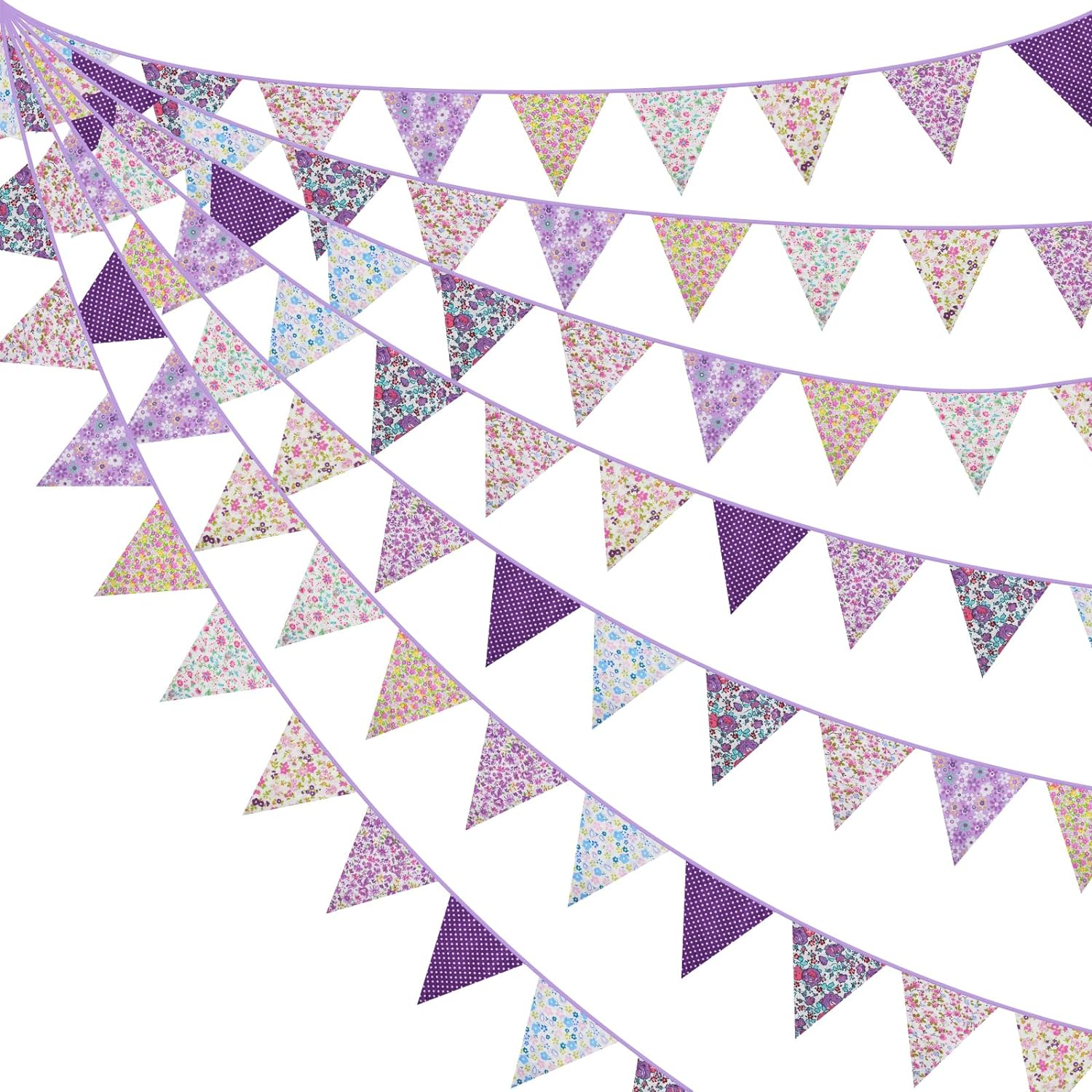 33Ft Floral Triangle Flags, Vintage Bright Triangle Pennants, Purple Bunting Garland Fabric Banner for Birthday Wedding Garden Party Afternoon Tea Decor Outdoor & Home Decoration image number 1