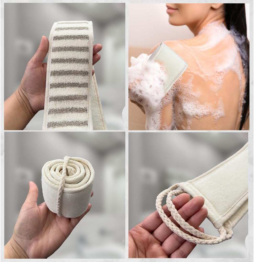 PG Goods Inc Natural Cotton Exfoliating Back Scrubber - Loofah Bath Luffa, Acne Cleaner for Shower, Body Wash Belt for Men and Women - Soft, Natural Washcloth-Compact Size image number 1
