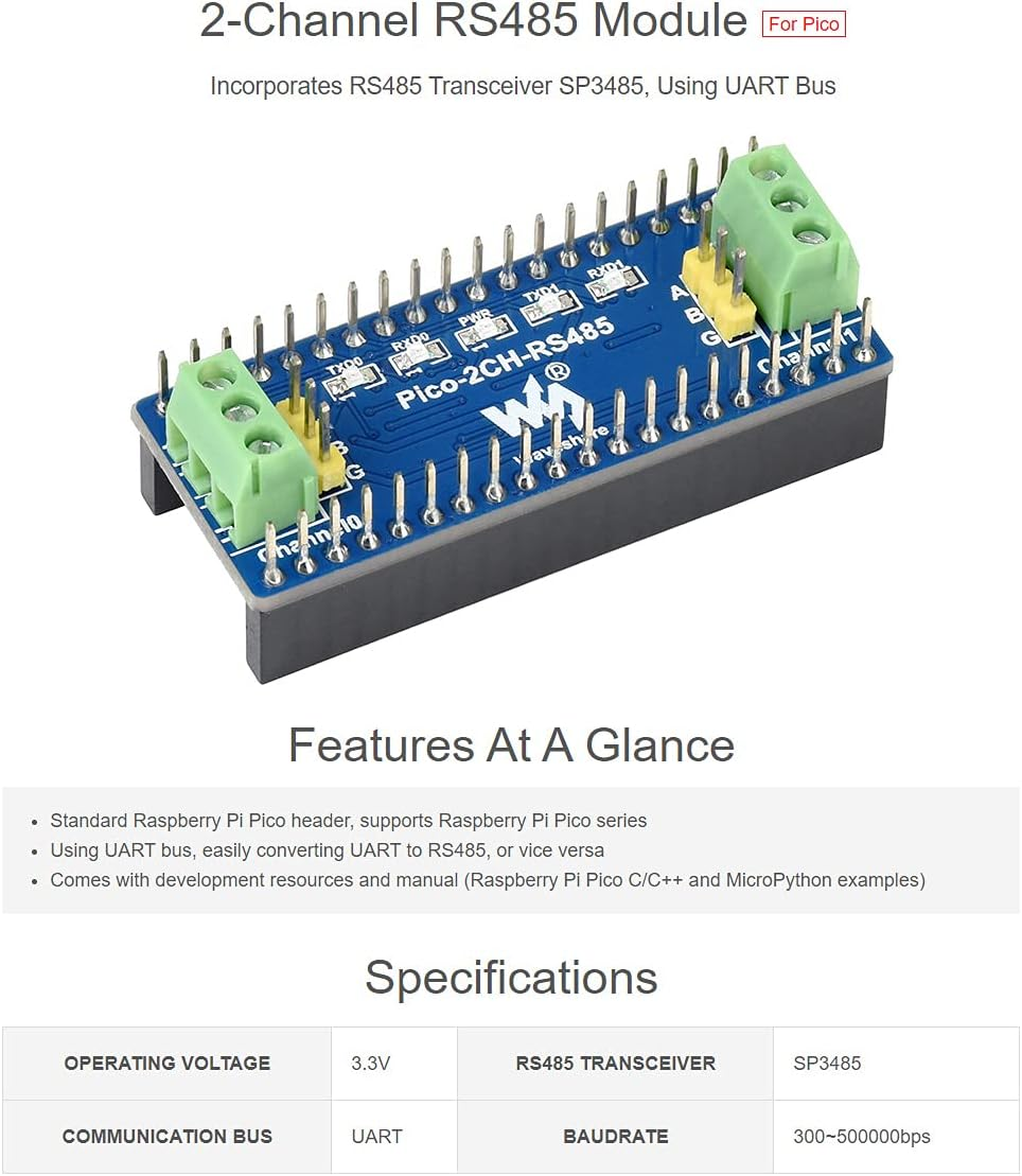Waveshare 2-Channel RS485 Module for Raspberry Pi Pico SP3485 Transceiver UART to RS485