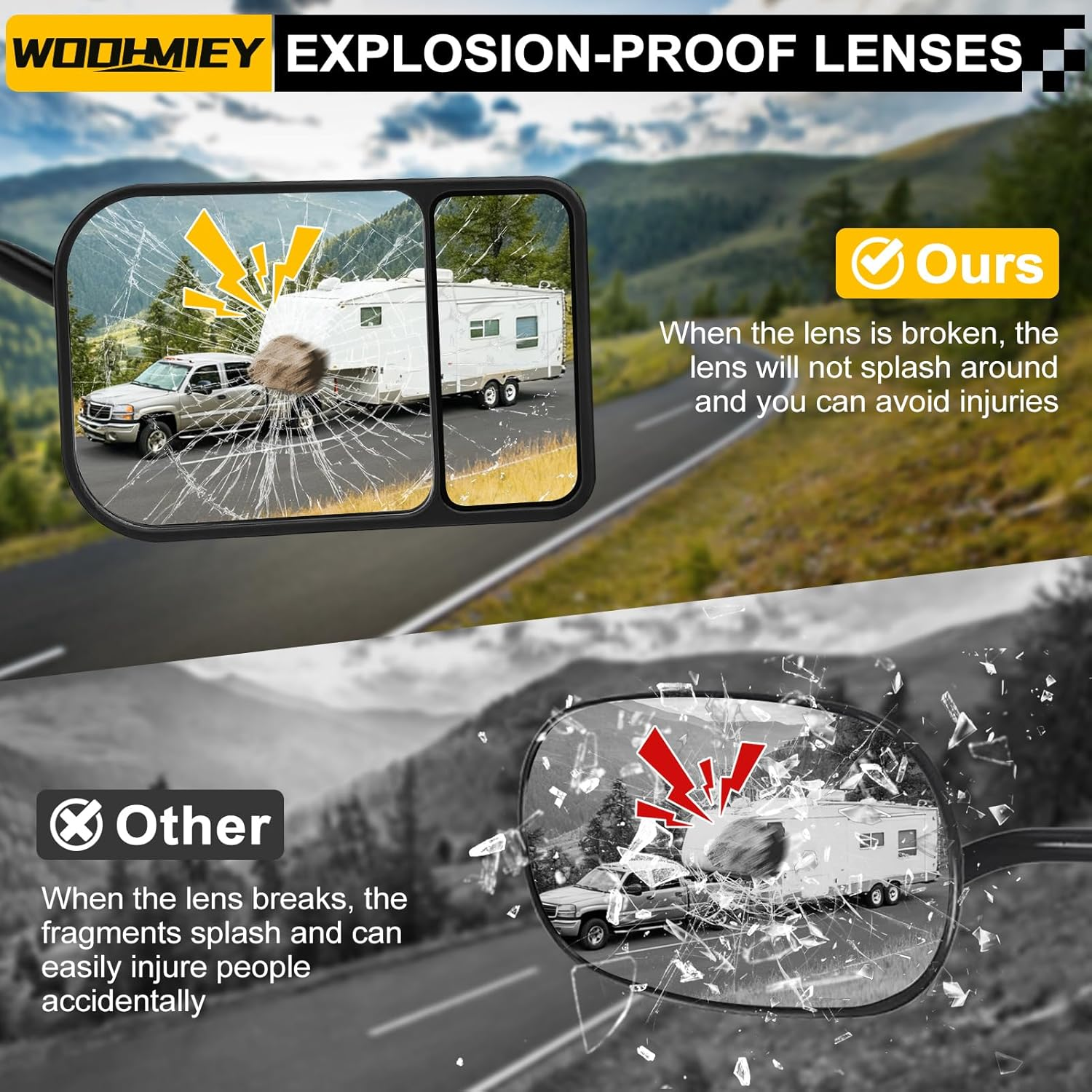 WODHMIEY Universal Towing Mirror, Clip on Towing Mirrors Extensions, 360 Degree Rotation, Adjustable Angle Metal Bracket for Trailer Bus RV Truck with ABS Glass Construction image number 3