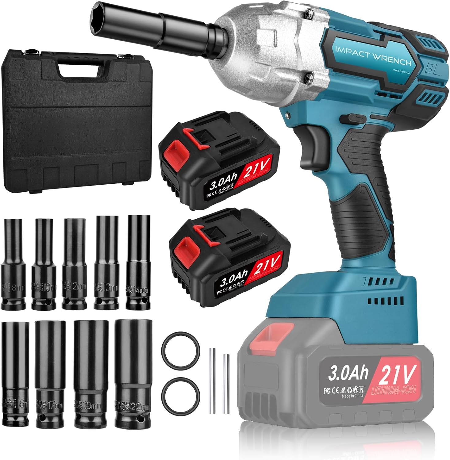 1/2 Inch Cordless Impact Wrench: Brushless High Torque Impact Gun, 480 Ft-Lbs (650N.M) Electric Impact Wrench with 2Pcs 3000Mah Battery, 9 Sockets & Storage Case for Home/Car Maintenance image number 4