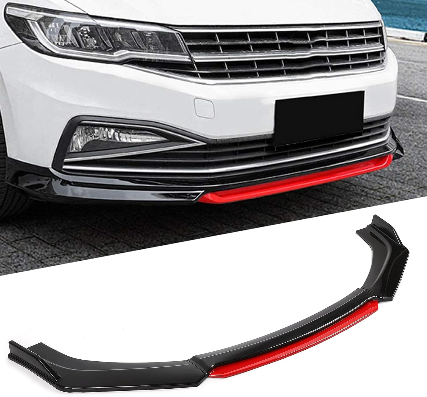 Universal Front Bumper Lip Lower Chin Spoiler Splitter Body Kit Air Dam Automotive Protector, Universal Fit for Most Cars, Glossy Black with Red Tongue image number 2
