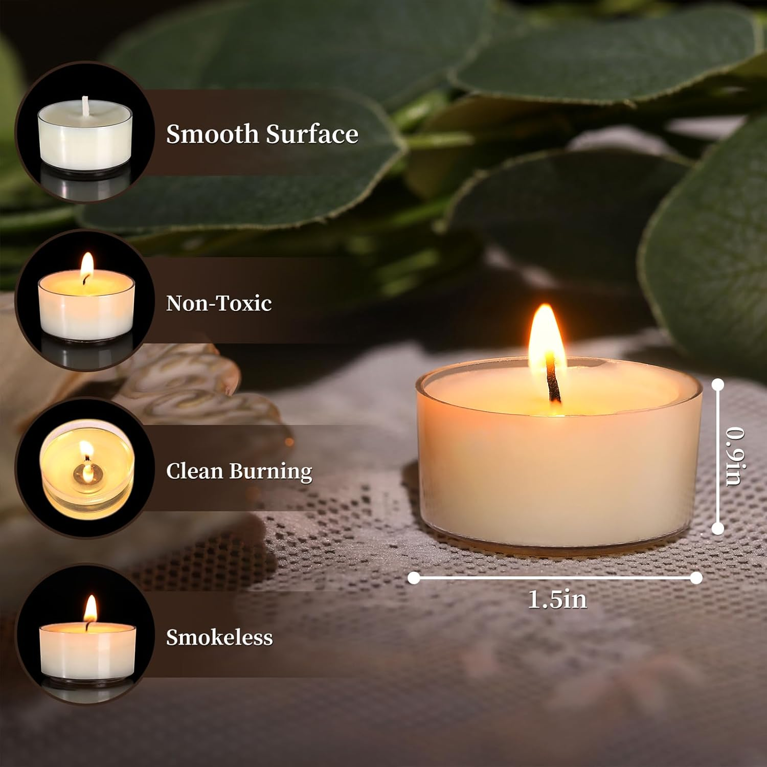 Simeitol 100 Pcs Soy Wax Tealight Candles (6 Hour Burn Time) White Unscented Votive Candles, Smokeless & Extended Burn Time Clear Cup Tea Lights for Weddings, Home, Emergencies image number 5