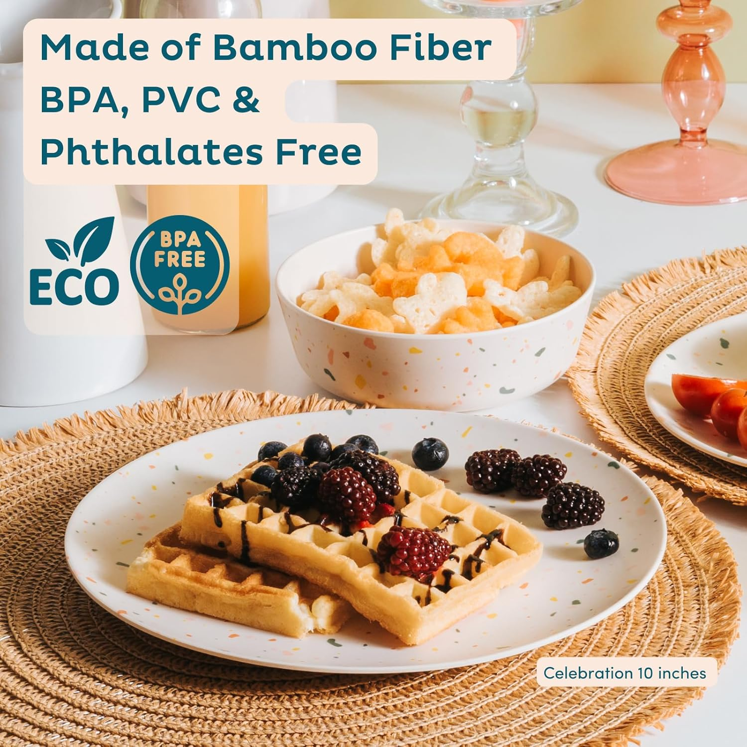 Nook Theory 4 Pack Reusable Bamboo Plates - Non-Toxic Toddler and Kids Plate, Dishwasher Safe, Not Microwavable Dinnerware (Celebration 10") image number 5