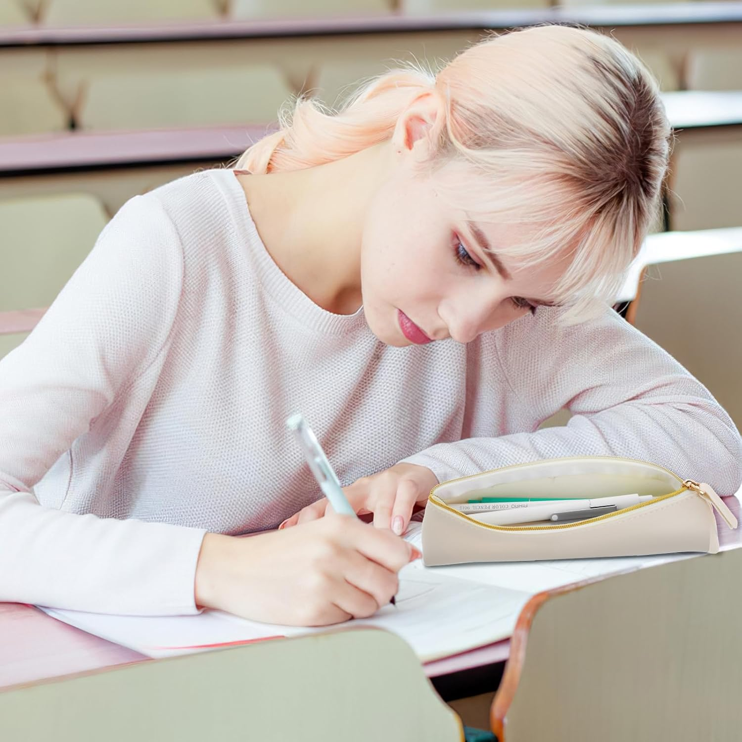 TIESOME PU Leather Pencil Case, 2PCS Cute Slim Pen Bag Small Pencil Pouch Zipper Bag Lovely Stationery Portable Cosmetic Pouch for Pen Pencils (White+Blue) image number 4