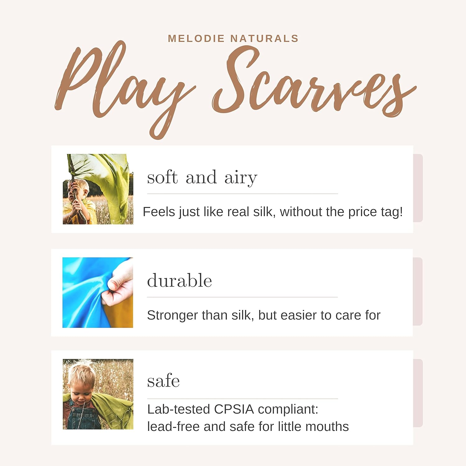 Melodie Naturals Play Scarves &ndash; Fun and Colorful Dress up Scarves for Kids &ndash; Ideal for Montessori and Waldorf Activities &ndash; 7Pc Vegan Play Silks image number 5