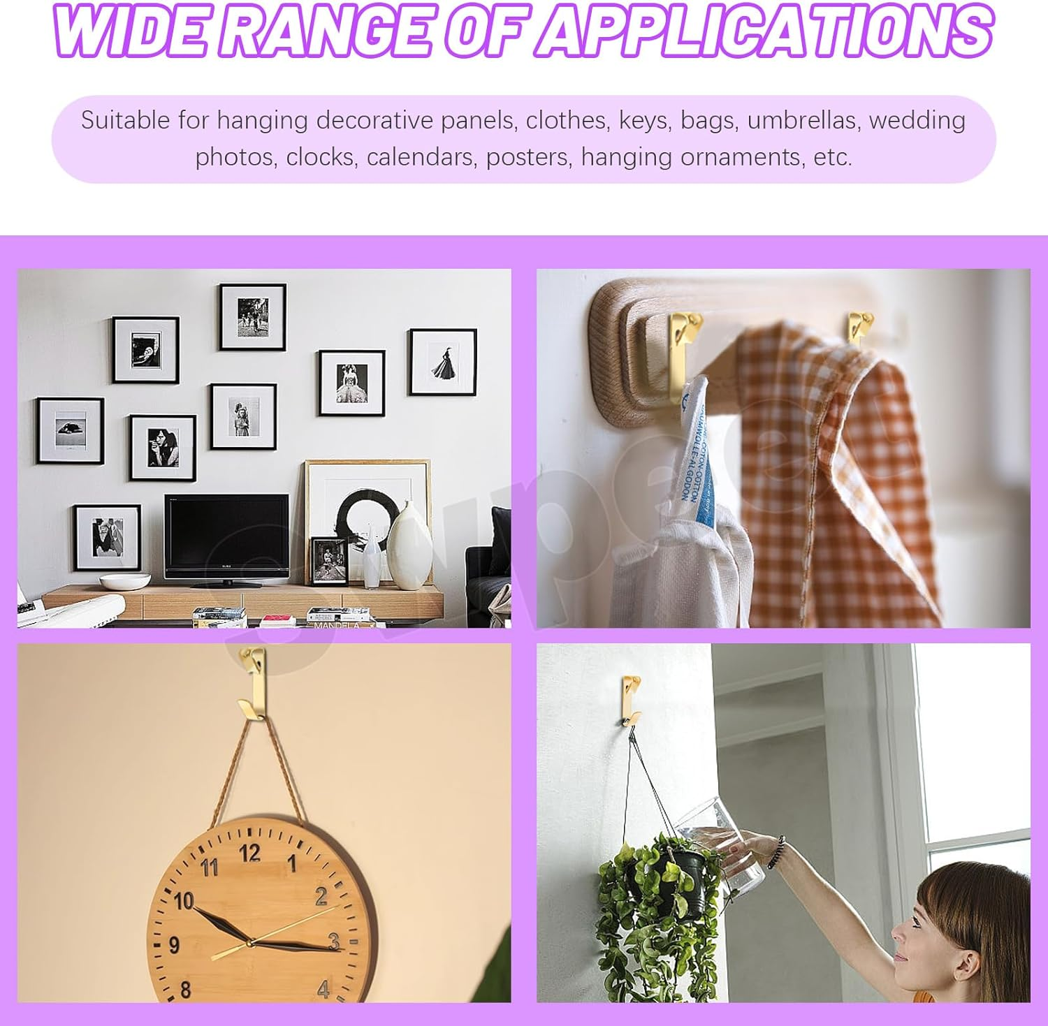 Swpeet 75Pcs 5 Sizes 10Lb/20Lb/30Lb/50Lb/100Lb Golden Picture Hangers with Nails Assortment Kit, Metal Picture Hanging Hooks, Heavy Duty Frame Picture Hooks, Picture Hanging Hardware for Drywall - Golden image number 6