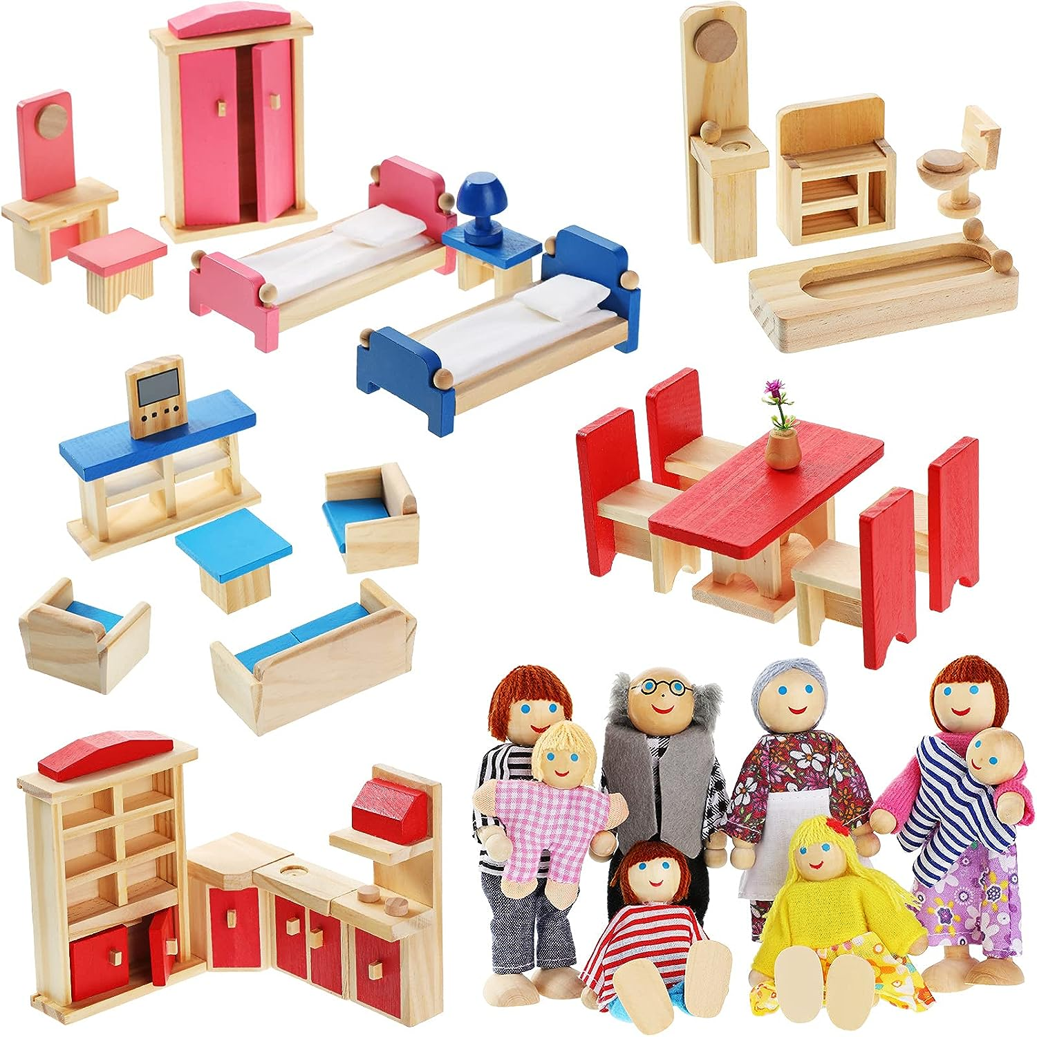 Wooden Dollhouse Furniture Doll House Furnishings with 8 Pieces Winning Doll Family Set, Dollhouse Accessories for Boys Girls Miniature Dollhouse, Family Figures Imaginative Play Toy (Classic Style) image number 3