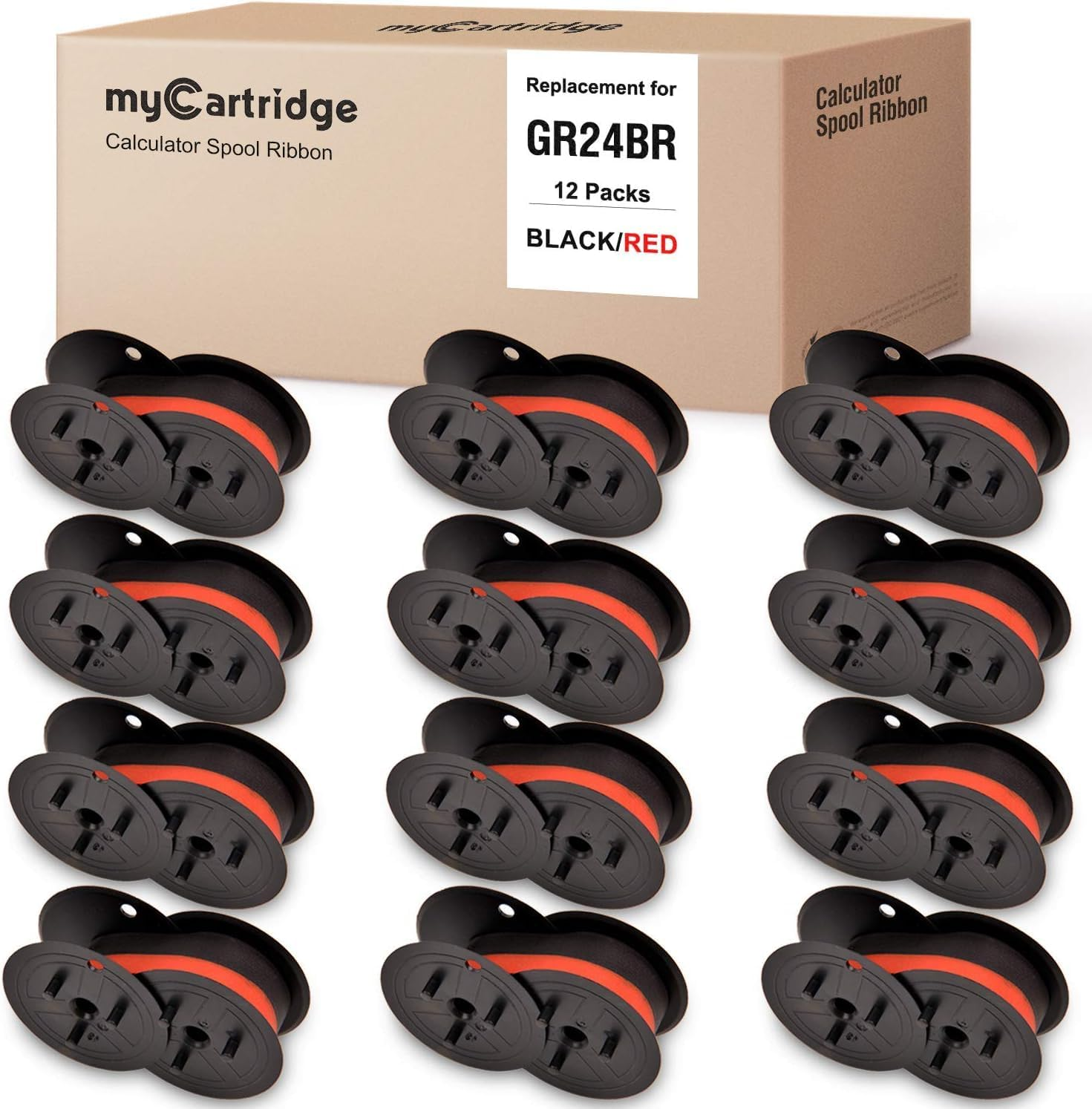 Mycartridge 12 Pack GR24 Compatible with Universal Twin Spool Calculator Ribbon for Nukote Br80C Dataproducts R3027 Porelon 11216 Sharp El 1197 P Iii(Black/Red) image number 2