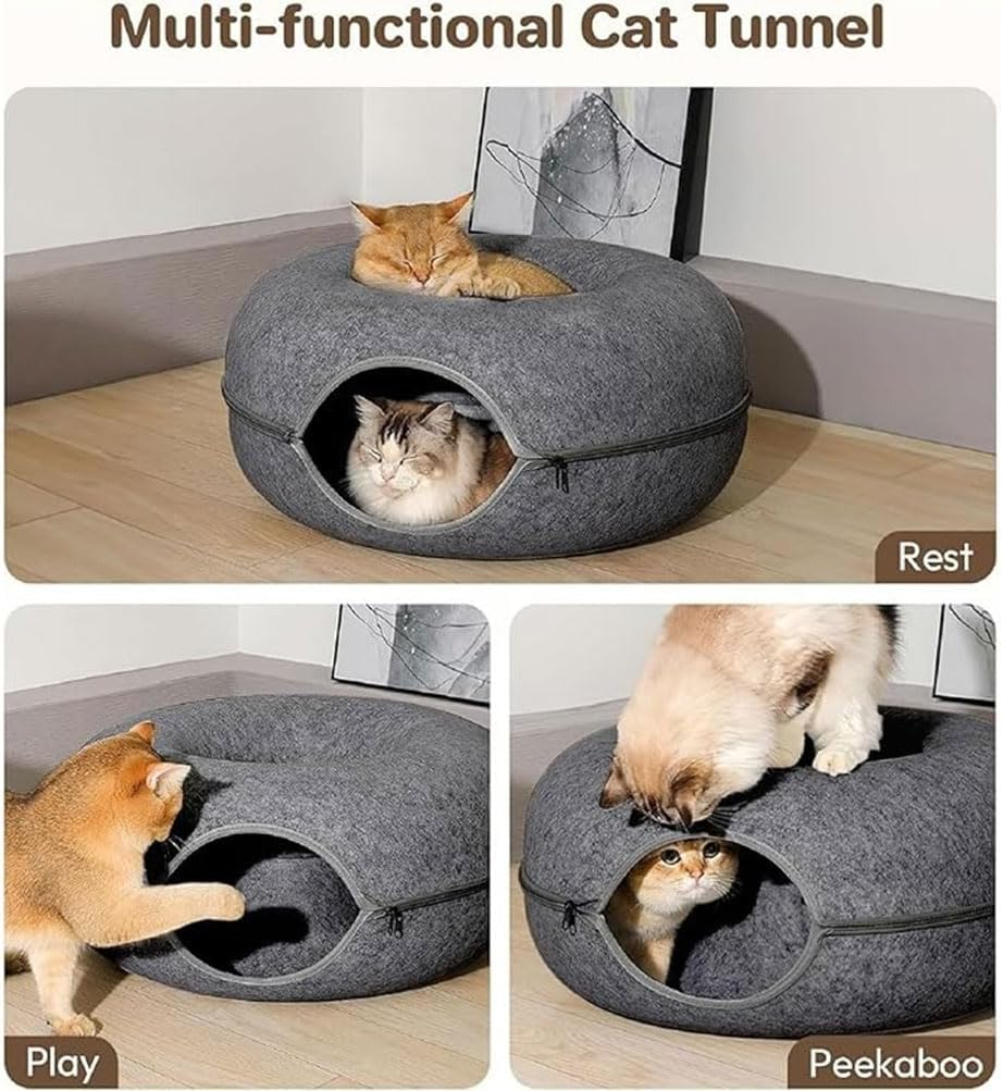 Felt Cat Bed, Zipper Design Cats Tunnel Beds, Semi Enclosed Detachable Cat Beds, Seasons Universal Cats Bed Donut Tunnel Cating for Kittens, Puppies and Small Dogs (Medium/50 * 50 * 20 CM) image number 3