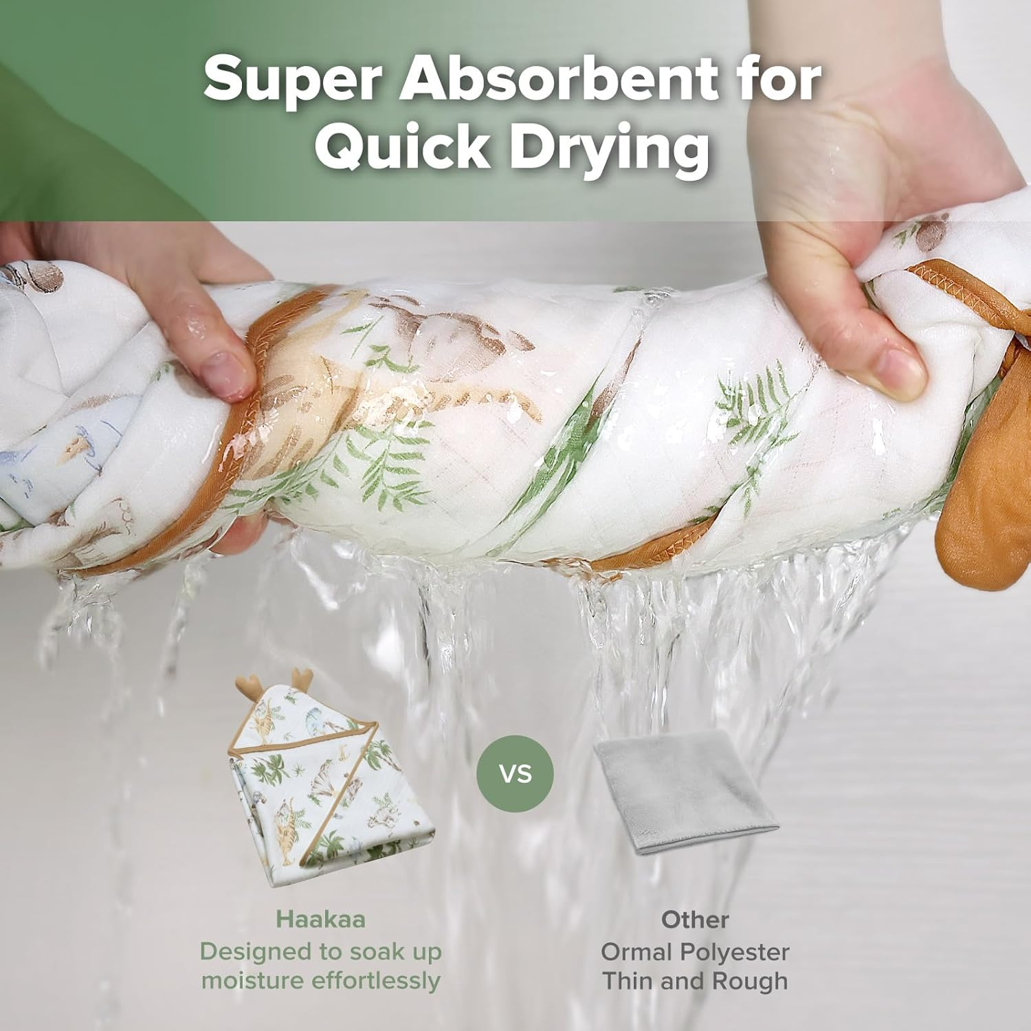 Haakaa Baby Bath Towels, Ultra-Soft & Super Absorbent Cotton Hooded Towels, 35"X35" Large Wraparound Design, Adorable for Newborns & Toddlers, Jurassic Hug - Green image number 5