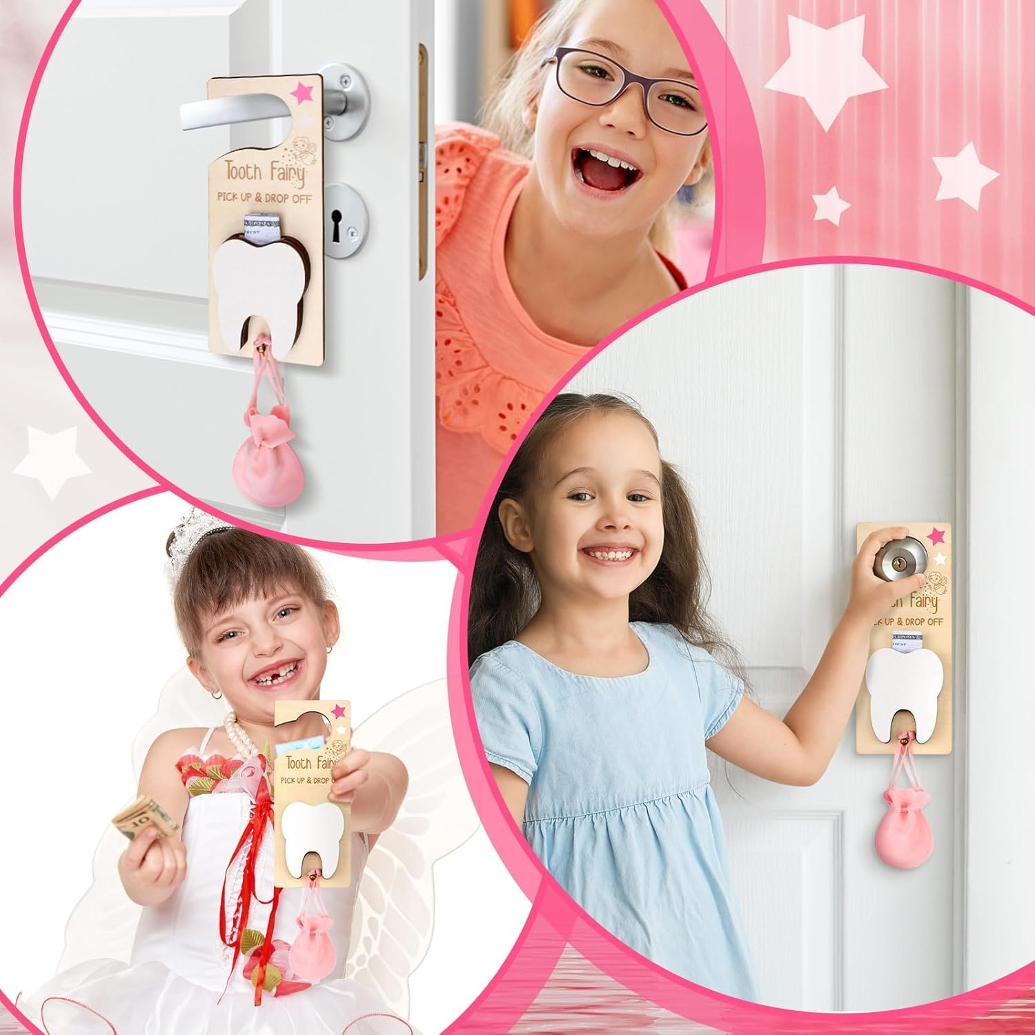 3Pcs Tooth Fairy Tooth Holder Bag Tooth Fairy Door Hanger with Money Slot Keepsake Bottle Velvet Pouch Tooth Fairy Box Encourage Lost Teeth Boy Girl Milk Teeth(Pink) image number 6