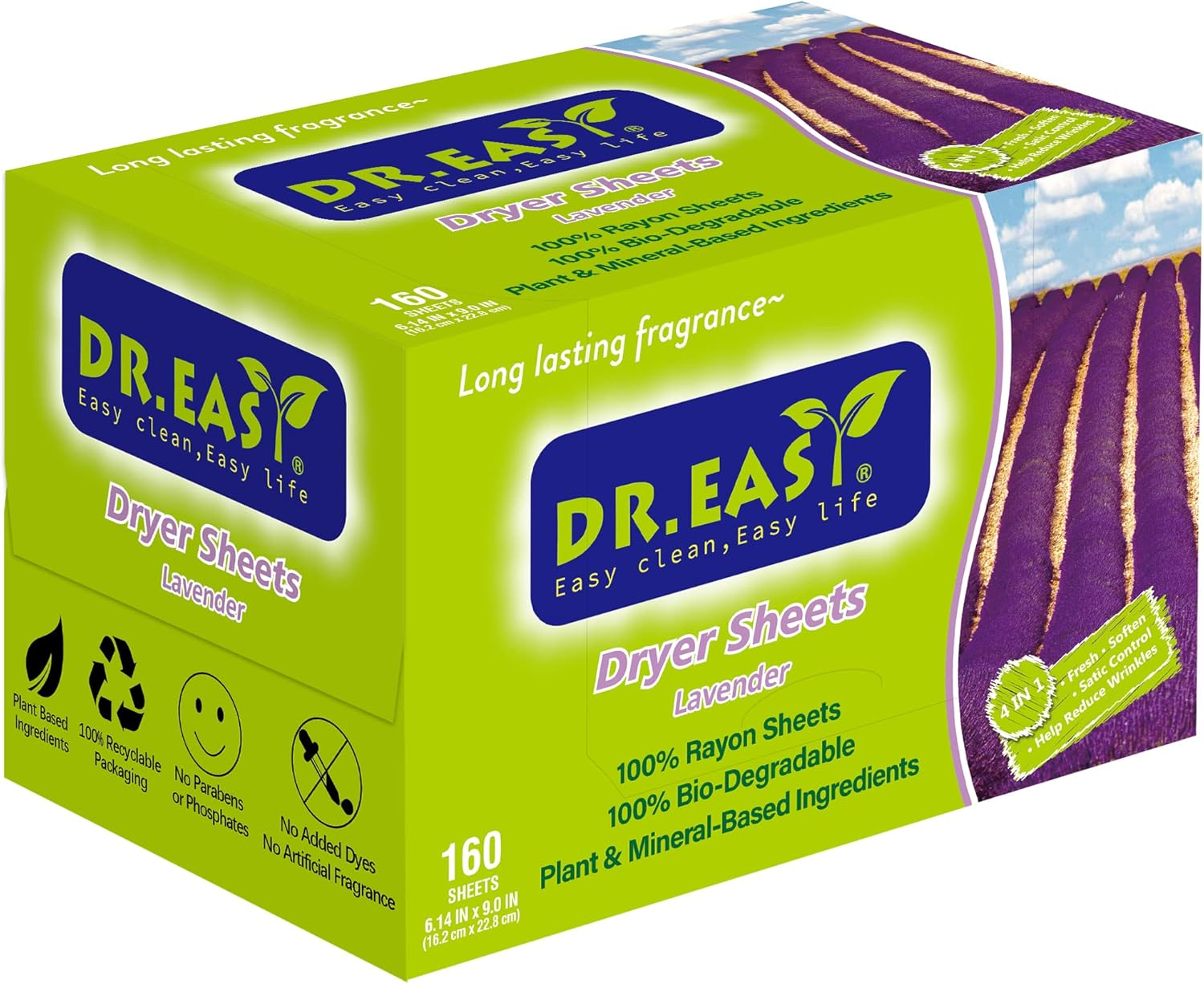 Dr.Easy Dryer Sheets Free & Clear Plant Based All Ingredients for Sensitive Skin 160 Ct 100% Rayon Fabric Softener Sheet Unscented & No Dyes Reduce Static & Wrinkles Soften Clothes Help Repel Pet Hair