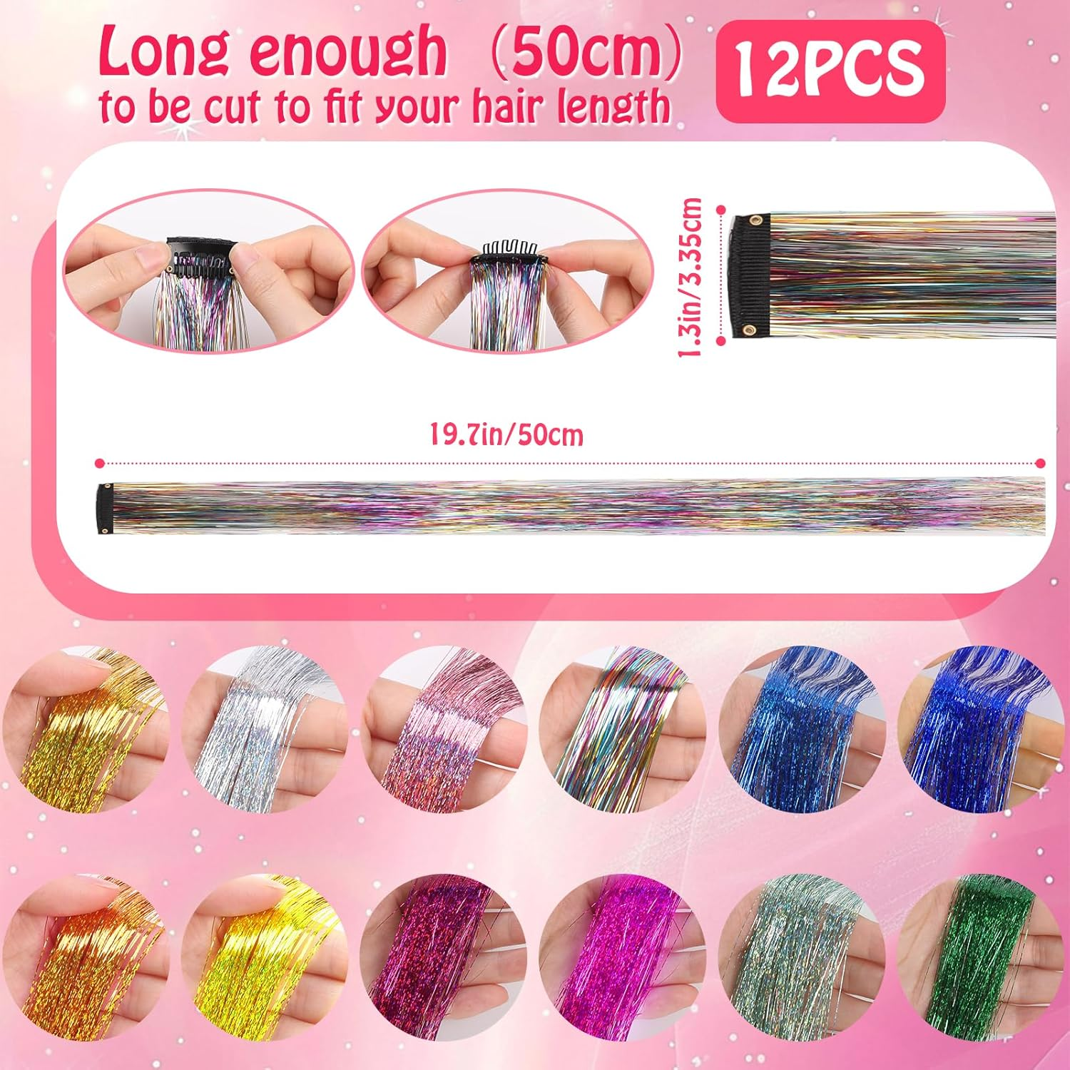 Bighan 12Pcs Hair Tinsel Clip 19.69 Inch Glitter Hair Tinsel Extensions Fairy Hair with Clips for Women Girls Kids, Multi 12 Colors image number 2