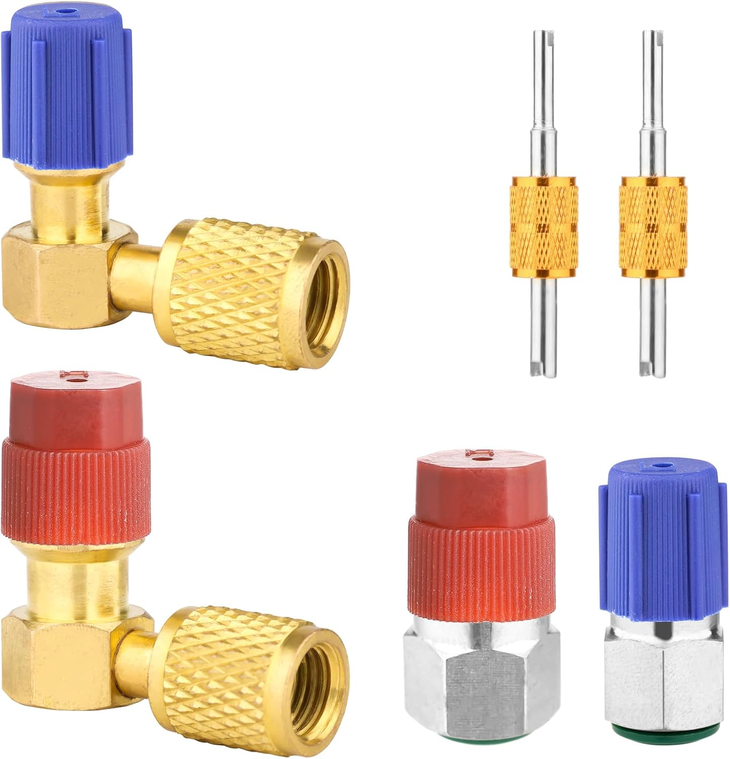 R12 to R134A AC Fitting Conversion Adapter Kit, Quick Connector Valve A/C 90&deg; Port Conversion Adapter High/Low Pressure with Valve Core Remover for AC Air Conditioner (Gold Straight Adapter)
