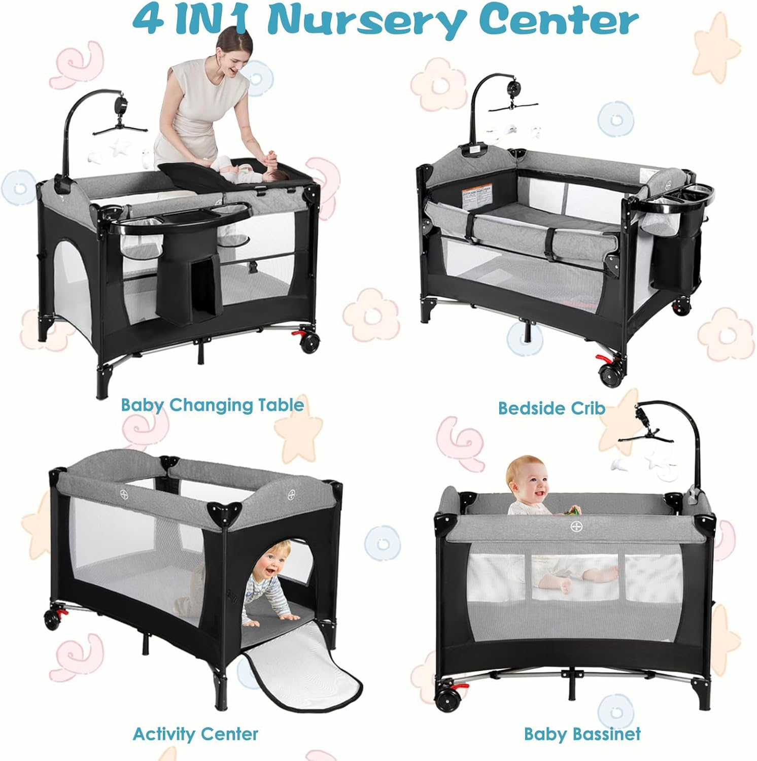 Portable Baby Crib, Foldable Baby Portacot, 4 in 1 Portable Nursery Cente, Foldable Travel Playard with Changing Table, Bassinet, Soft Mattress, Hanging Toys and Carry Bag image number 3