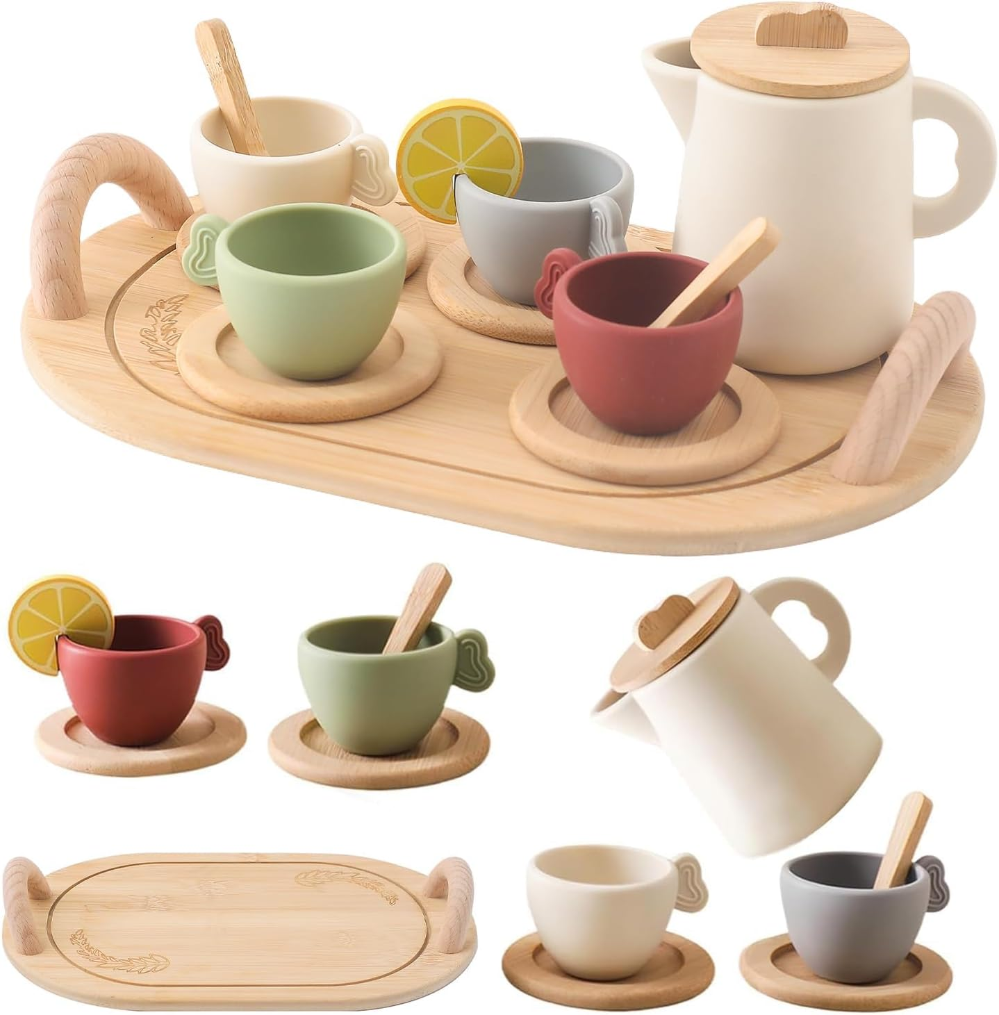 IEATFO Tea Party Set for Kids 14Pcs Toddler Tea Set with Silicone Teapot Cups Carrying Tray Scoop Kids Kitchen Accessories Pretend Play Wooden Toys for 3 4 5 6 Year Old Girl Christmas Birthday Gift image number 2
