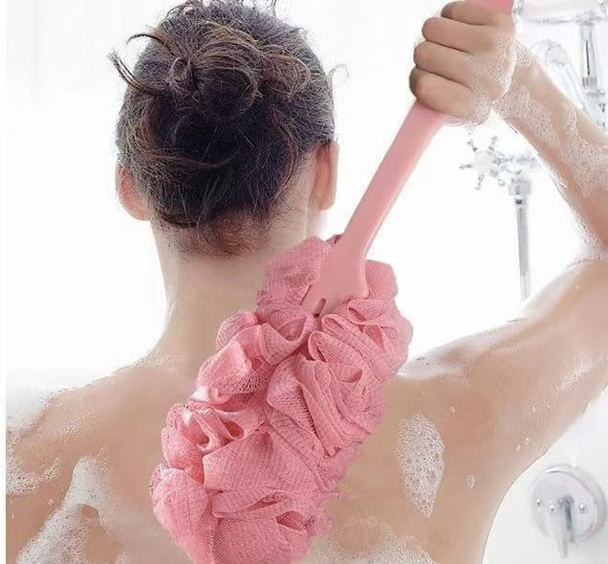 Long Handle Bath Brush with Mesh Sponge, Pink Loofah Scrubber, 43Cm Extended Reach, Soft Mesh Material image number 1