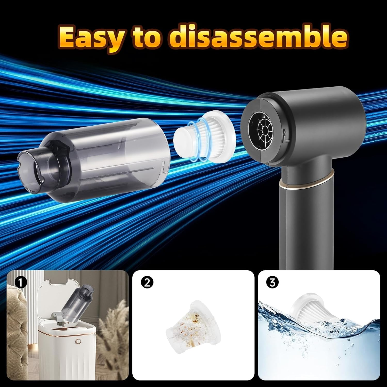 Car Vacuum Cleaner,16000Pa High Power Mini Vacuum Cleaner,Rechargeable Handheld Vacuum,Portable Cordless Compressed Air Duster Air Blower for Car Home (Goldblack) image number 3