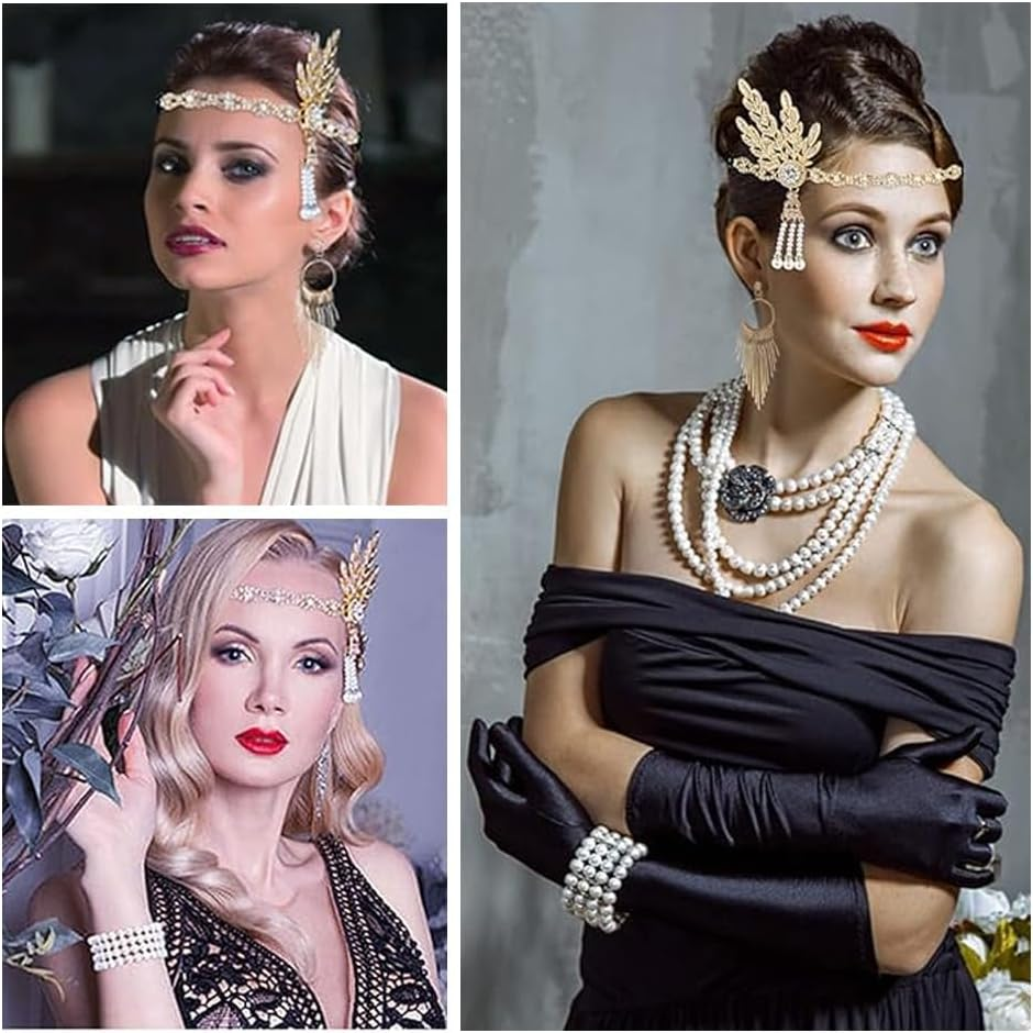 1920S Great Gatsby Accessories Set,Costume Accessories,Includes Headband, Necklace, Gloves, Earrings, Bracelet, Holder