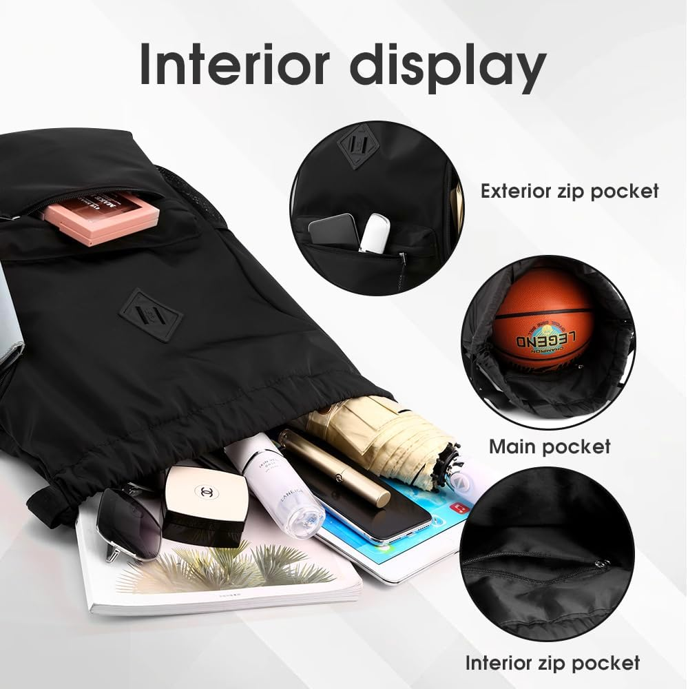 Sonicefit Drawstring Backpack Sports Gym Bag, Water-Resistant String Bag Cinch Bag with Shoe Compartment & Side Pockets for Adults Kids, Lightweight Sackpack for Yoga Beach Swimming Travel - Grey image number 3