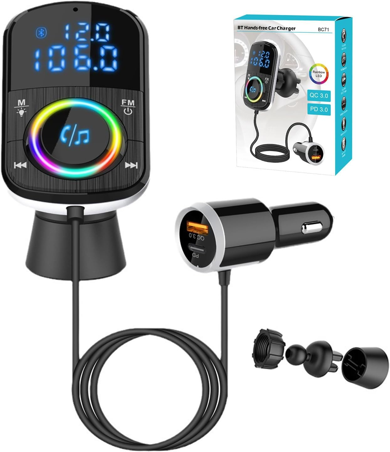 FM Transmitter, Bluetooth FM Transmitter Wireless Radio Adapter Car Kit with Lossless Sound Quality Colorful Ambient Light Player