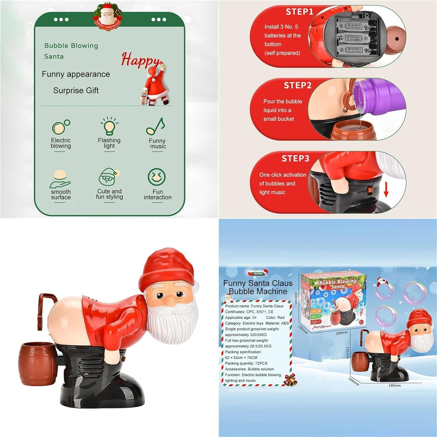 Santa Claus Bubble Maker Toy Ornaments, Funny Santa Automatic Fart Bubble Machine with Flashing Lights & Music, Christmas Bubble Blower for Outdoor & Indoor Activity (Red)