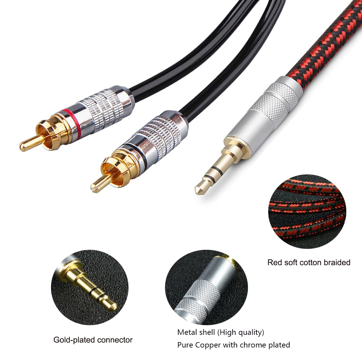 Primeda Audiophile High Purity Copper Audio Cable 3.5Mm Male to 2 Rca/Phono Male Audio Auxiliary Gold-Plated Stereo Hifi Y Splitter Adapter Cable (Straight 3.5Mm to 2 RCA, 3.2Ft/1M) image number 2