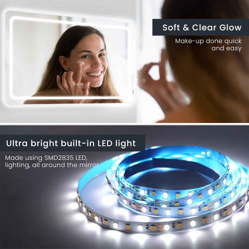 Simplus LED Wall Mirror Bathroom Mirrors for Wall Mounted Anti-Fog 3 Colors Dimmable Lighting Smart Touch Switch Vanity Makeup Mirror 120X70Cm image number 7