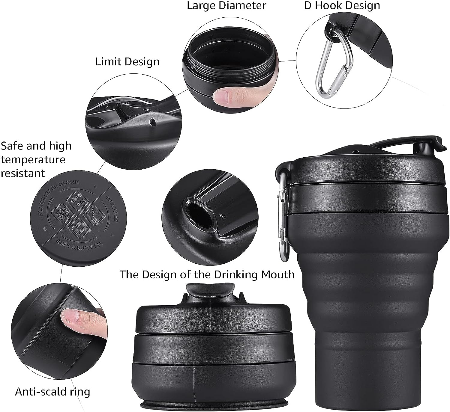 2PACK Collapsible Coffee Cup, 16 OZ 480Ml Silicone Folding Camping Mug, Leak Proof BPA Free Portable Sport Bottle with Lids for Hiking, Microwave & Dishwasher Safe (Black) image number 3