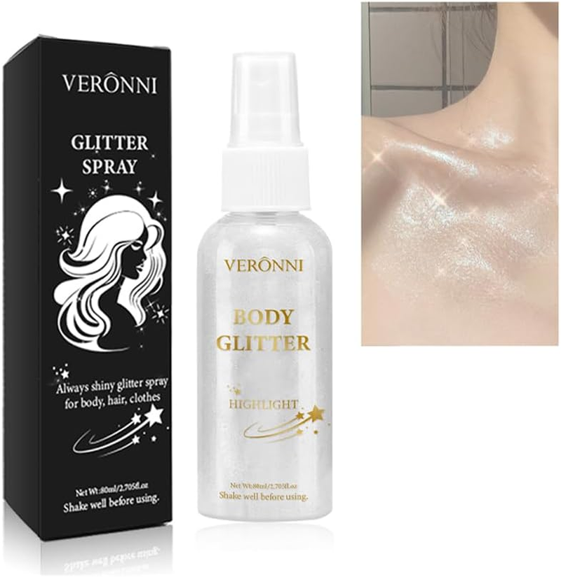 Body Glitter Spray for Women, Body Shimmer Sparkle Highlighter Spray, Silver-White Liquid Glitter Sprays, Natural Shine, Long Lasting, Quick-Drying for Stage, Festival, Party and Makeup image number 2