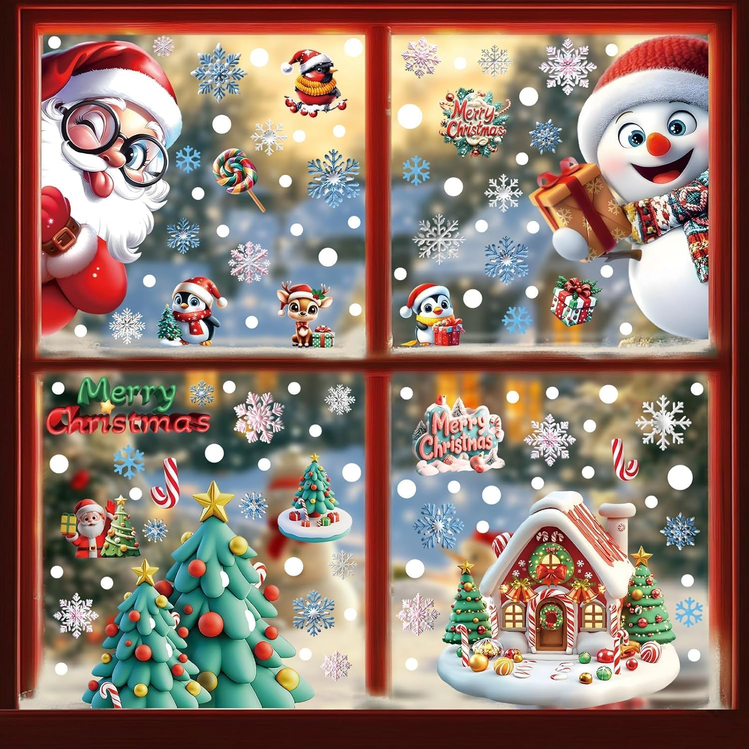 Christmas Window Clings, 263Pcs Static Cling Stickers for Glass - Double-Sided Holiday Decals with Santa, Reindeer, Snowman, Gingerbread, Snowflake Designs for Christmas Winter Home Party Decor (01)