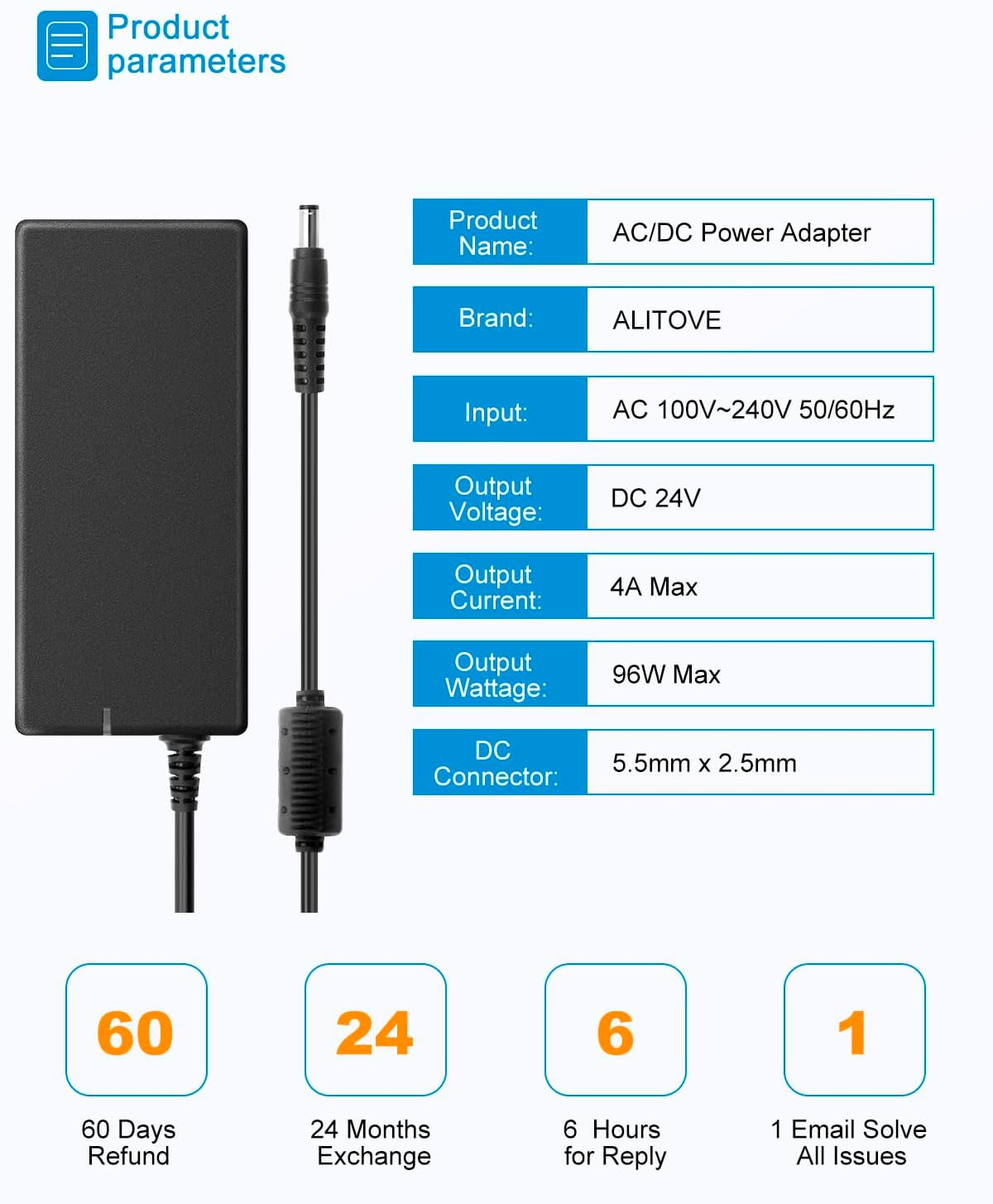 ALITOVE 24V Power Supply 4A 96W AC/DC Adapter 220-240V AC to DC 24 Volt Converter 4Amp 3.75A 3.5A 3.3A 3.2A Transformer 5.5X2.5Mm for LED Strip CCTV Camera LCD Monitor Massage Chair（Au Plug）