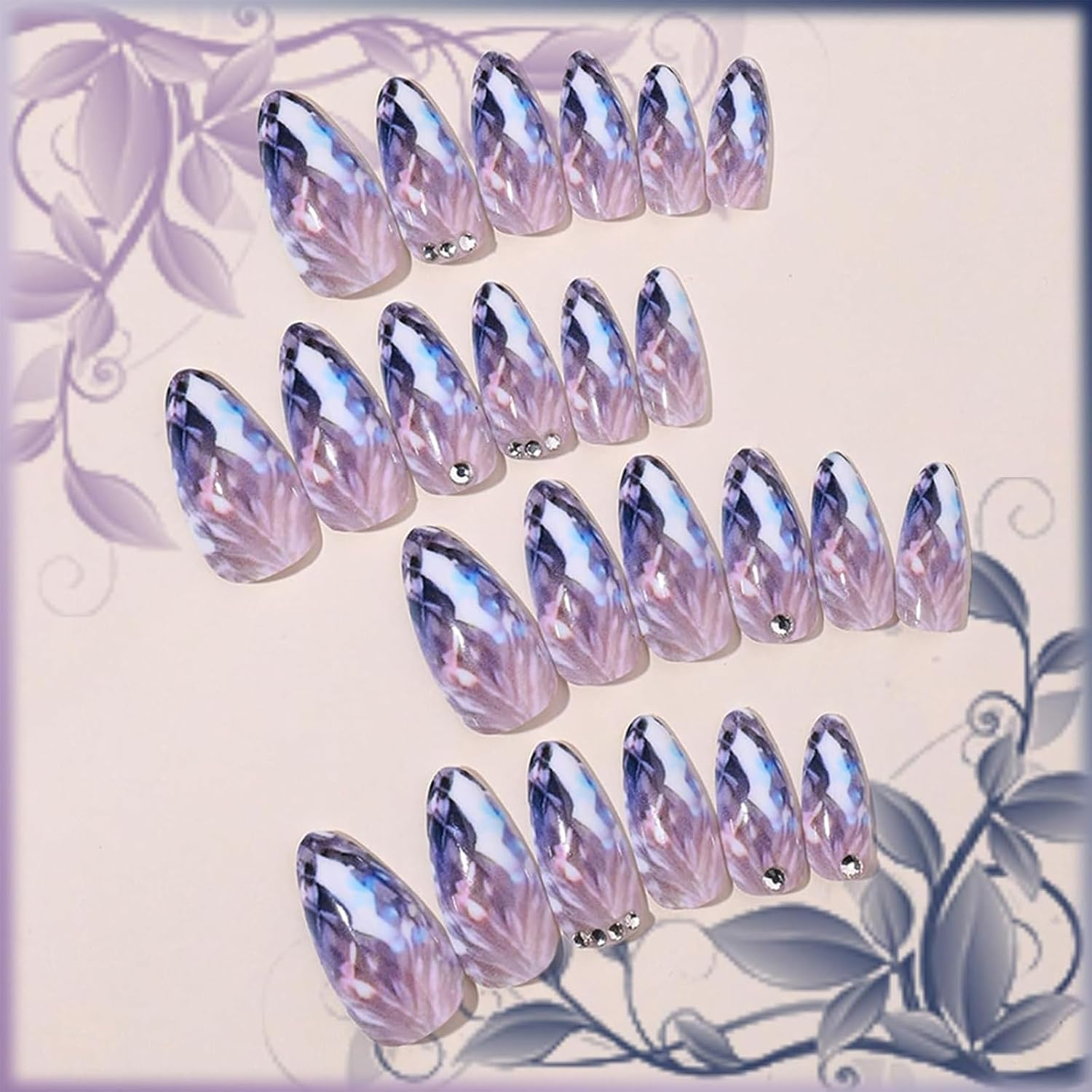 Qioon 24 Pcs Medium Almond Press-On Nails, French Gradient Light Purple Fake Nails with Rhinestones, Stick-On False Fingernails with Adhesive Tabs for Women and Girls image number 4